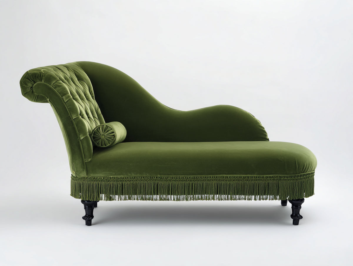 Chaise longue - Velours-Bois - 184 x 77 x 94 cm - Vert olive-Noir - Style victorien
