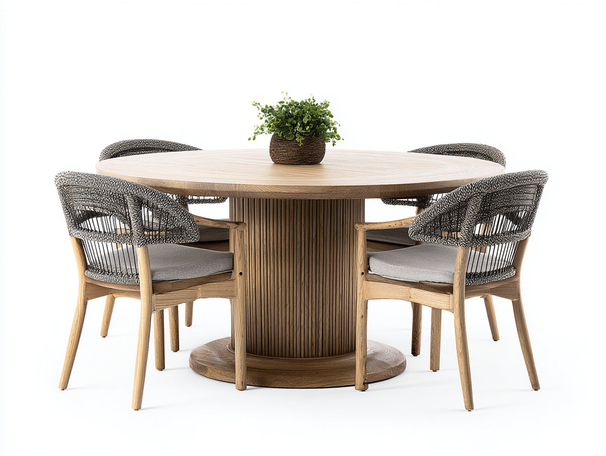 Salon de jardin repas - bois-corde tressée-tissu - 140 x 140 x 76 cm - naturel-noir chiné-gris clair - style contemporain naturel