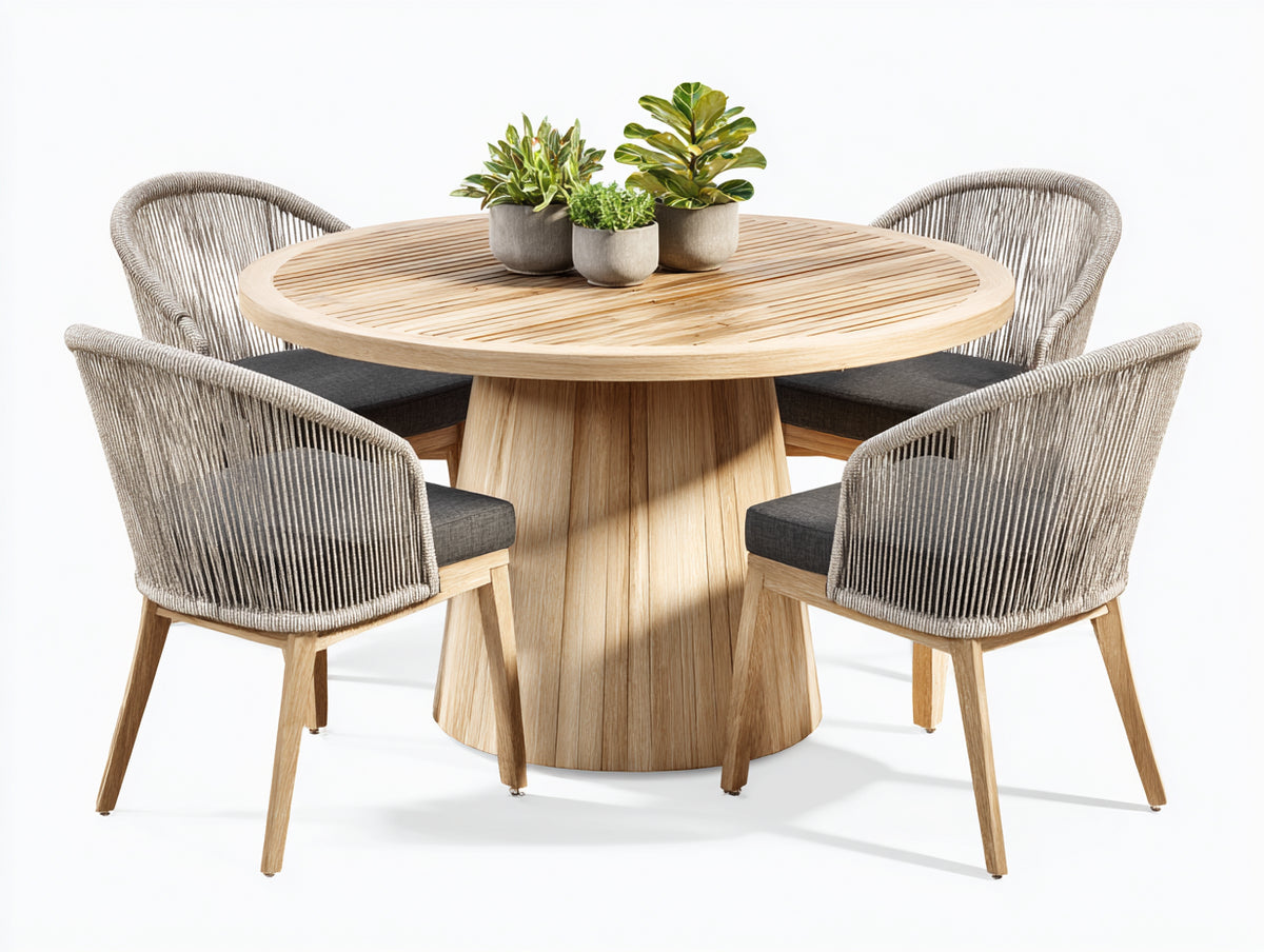 Salon de jardin repas - bois-corde tressée-tissu - 134 x 134 x 76 cm - naturel-grège-anthracite - style contemporain organique