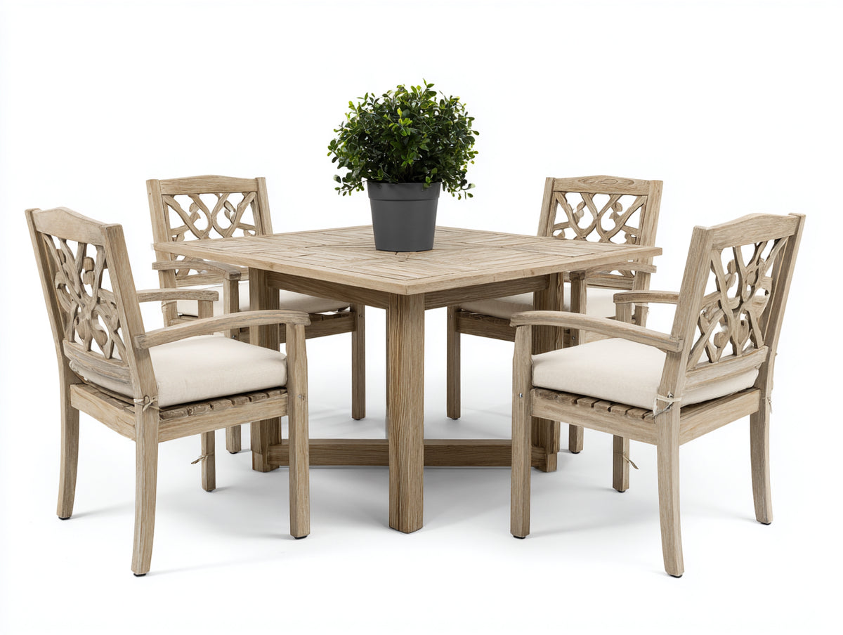Salon de jardin repas - bois-tissu - 118 x 118 x 76 cm - naturel vieilli-écru - style rustique classique
