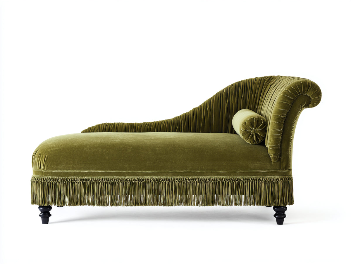Chaise longue - Velours-Bois - 182 x 76 x 91 cm - Vert olive-Noir - Style victorien