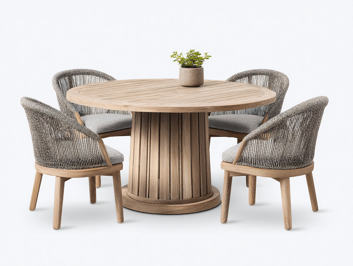 Salon de jardin repas - bois-corde tressée-tissu - 132 x 132 x 75 cm - naturel-gris chiné-gris clair - style naturel contemporain