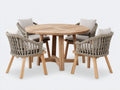 Salon de jardin repas - bois-corde tressée-tissu - 136 x 136 x 76 cm - naturel-taupe-beige clair - style contemporain naturel