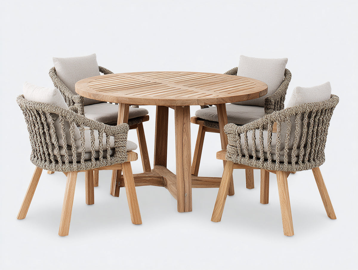 Salon de jardin repas - bois-corde tressée-tissu - 136 x 136 x 76 cm - naturel-taupe-beige clair - style contemporain naturel