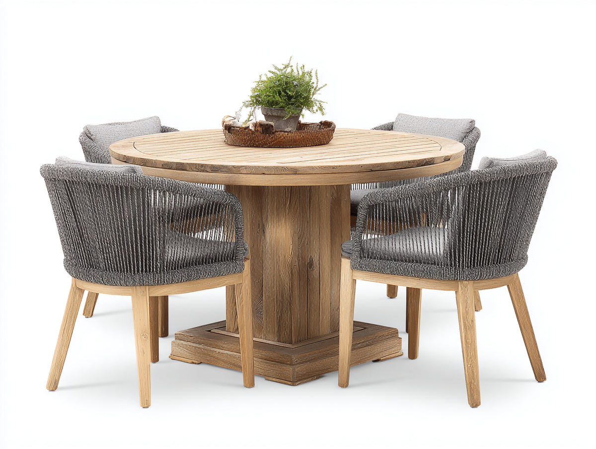 Salon de jardin repas - bois-corde tressée-tissu - 138 x 138 x 76 cm - naturel-gris anthracite-gris clair - style contemporain naturel