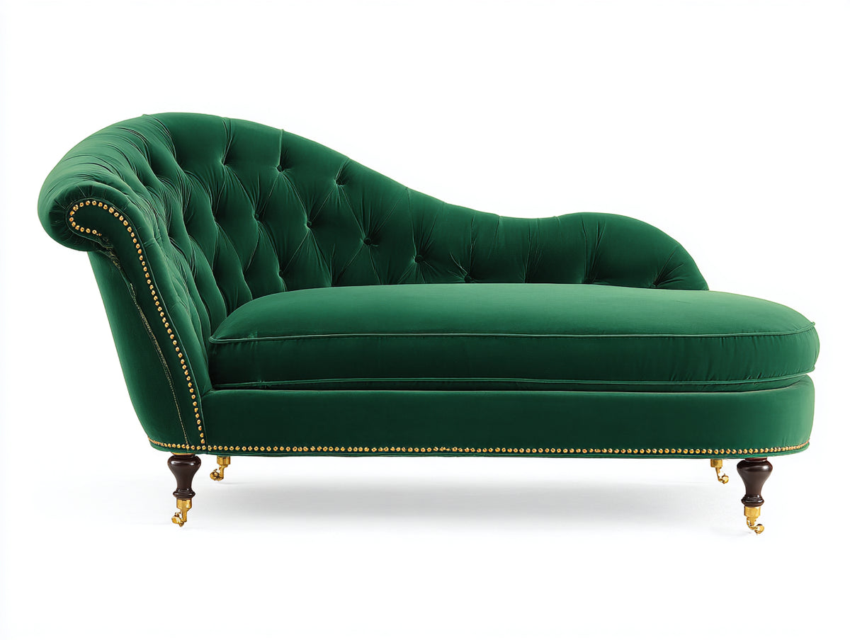 Chaise longue - Velours-Bois-Métal - 188 x 82 x 91 cm - Vert émeraude-Marron foncé - Style classique