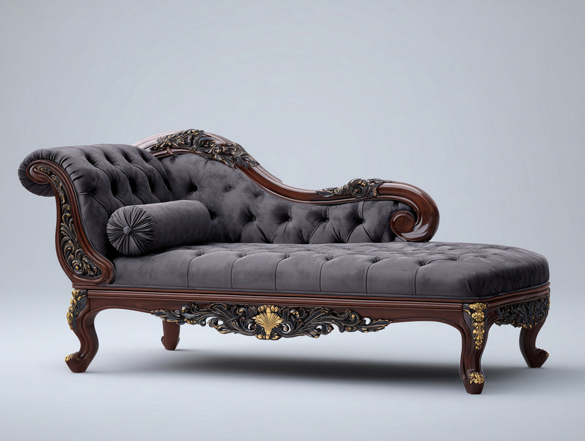 Chaise longue - Velours-Bois - 205 x 84 x 96 cm - Gris anthracite-Marron foncé - Style baroque