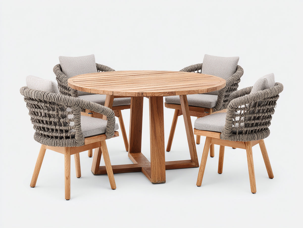 Salon de jardin repas - bois-corde tressée-tissu - 137 x 137 x 76 cm - naturel-taupe-grège - style naturel contemporain