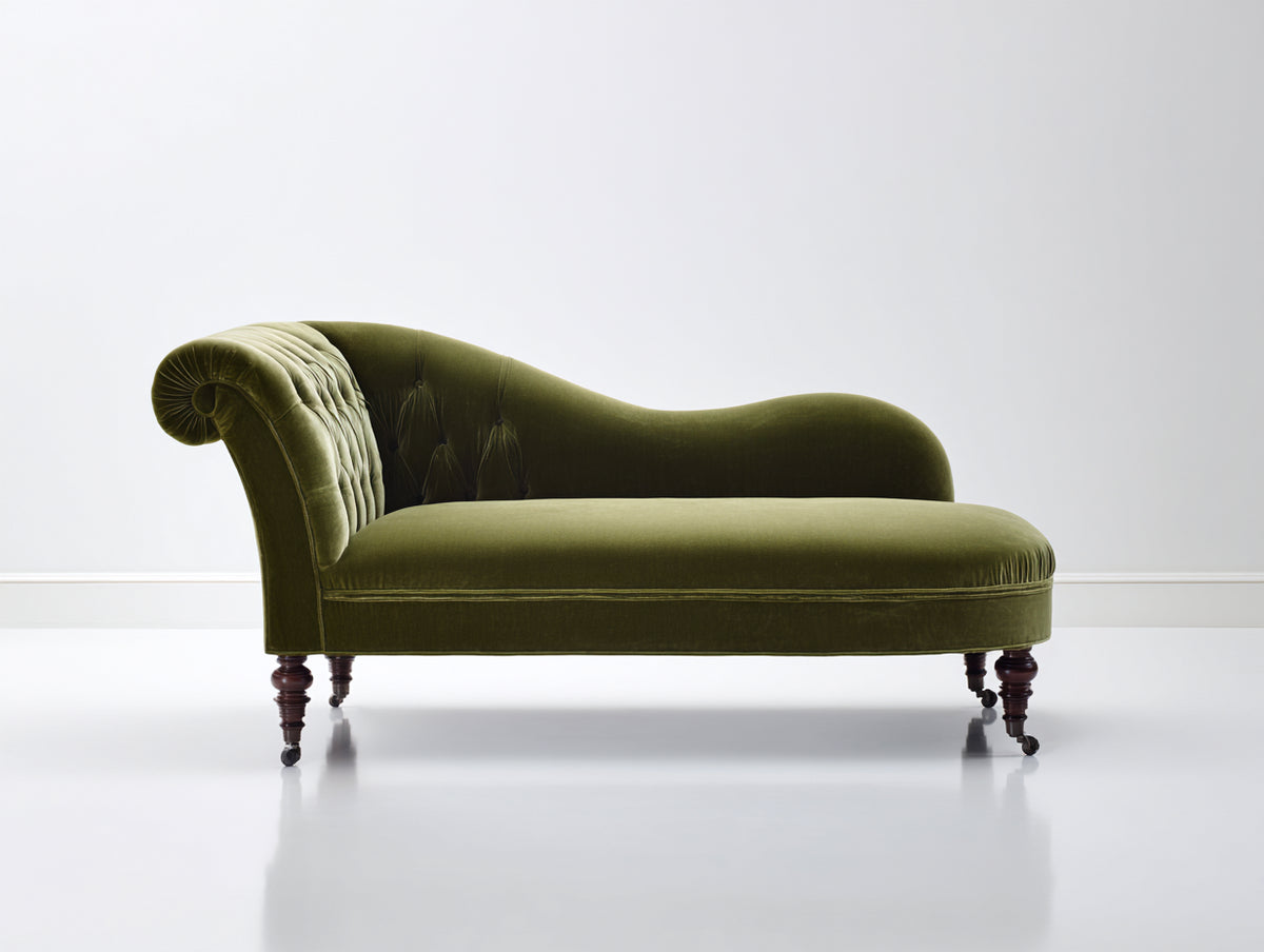 Chaise longue - Velours-Bois-Métal - 185 x 79 x 88 cm - Vert olive-Marron foncé - Style classique